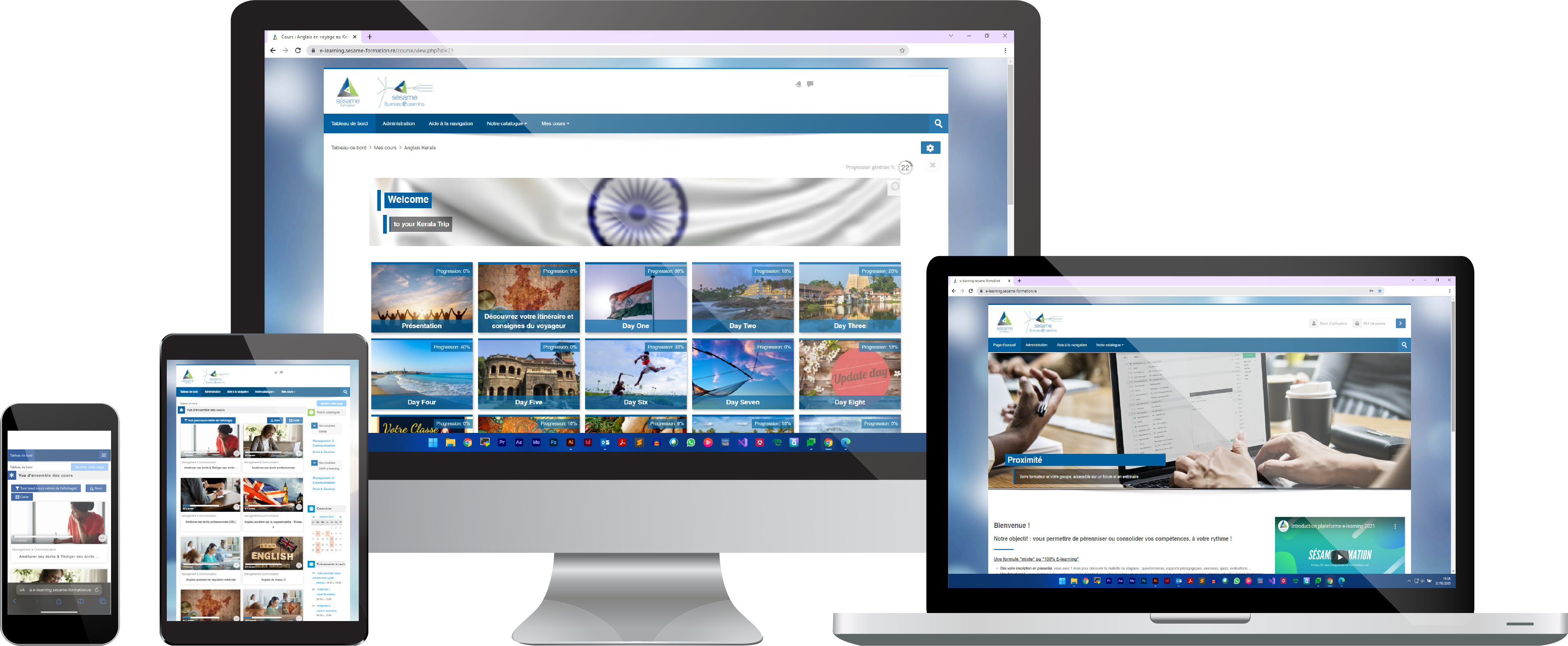 Aperçu de la plateforme e-learning de Sésame Formation sur différents appareils