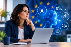 Femme professionnelle devant un ordinateur avec une représentation de l’intelligence artificielle et de la réglementation européenne