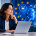 Femme professionnelle devant un ordinateur avec une représentation de l’intelligence artificielle et de la réglementation européenne